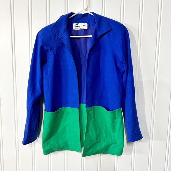 Vintage mingnon Jacket Women Size 8 Abstract Green/ Blue Open Front Light Wool - Picture 1 of 5